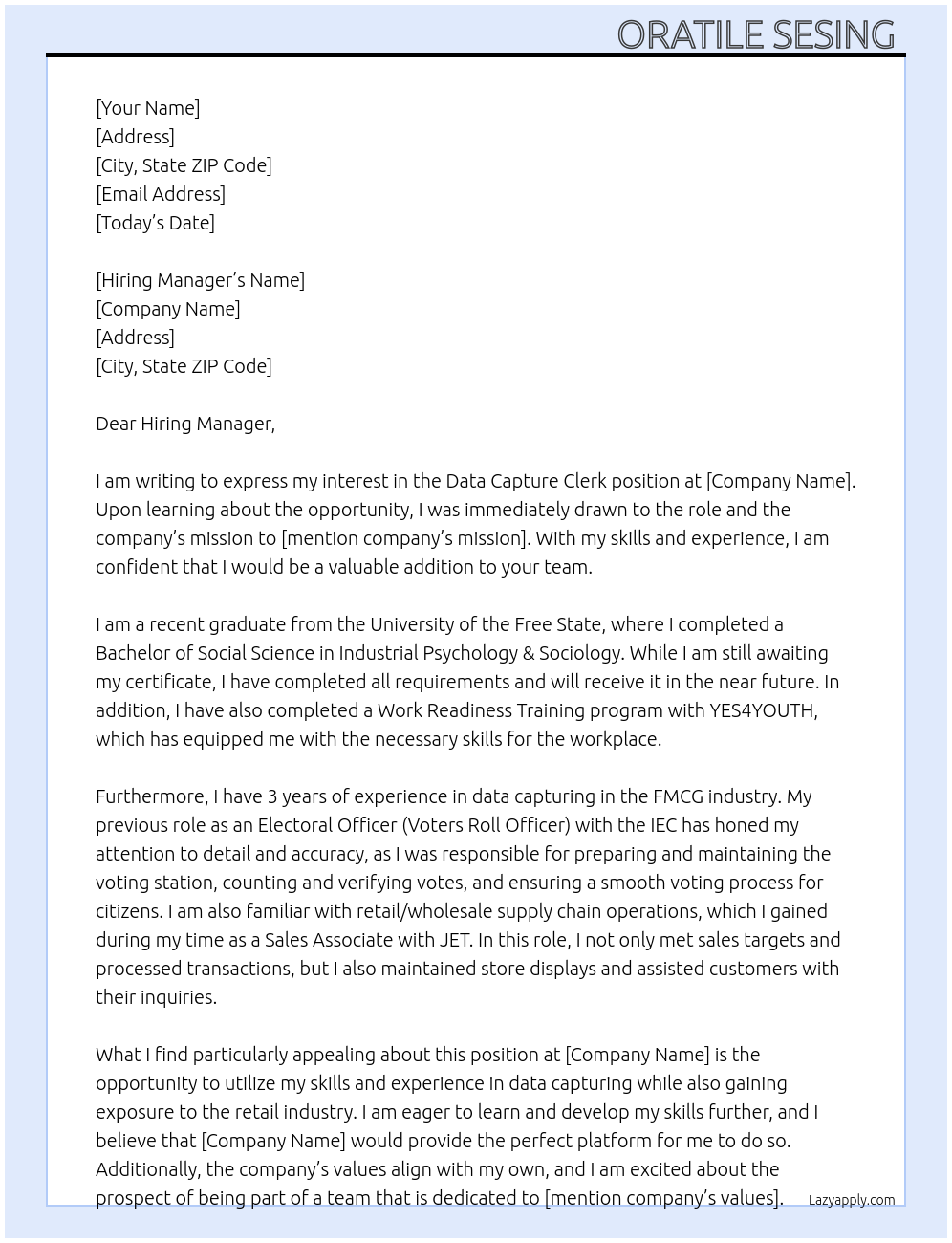 Data Capture Clerk At your company  Cover Letter