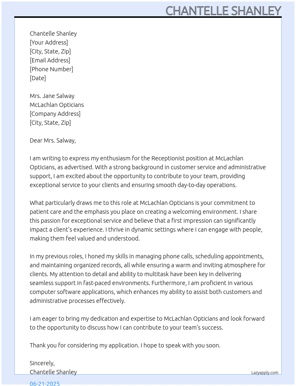 Receptionist At McLachlan Opticians Cover Letter