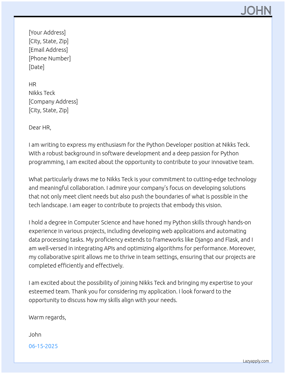Python Developer At Nikks Teck Cover Letter