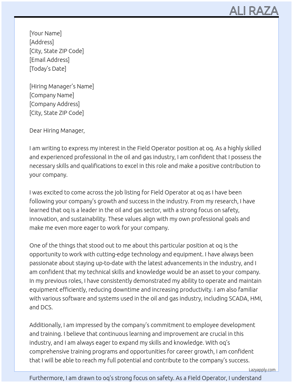 Field Operator At oq Cover Letter