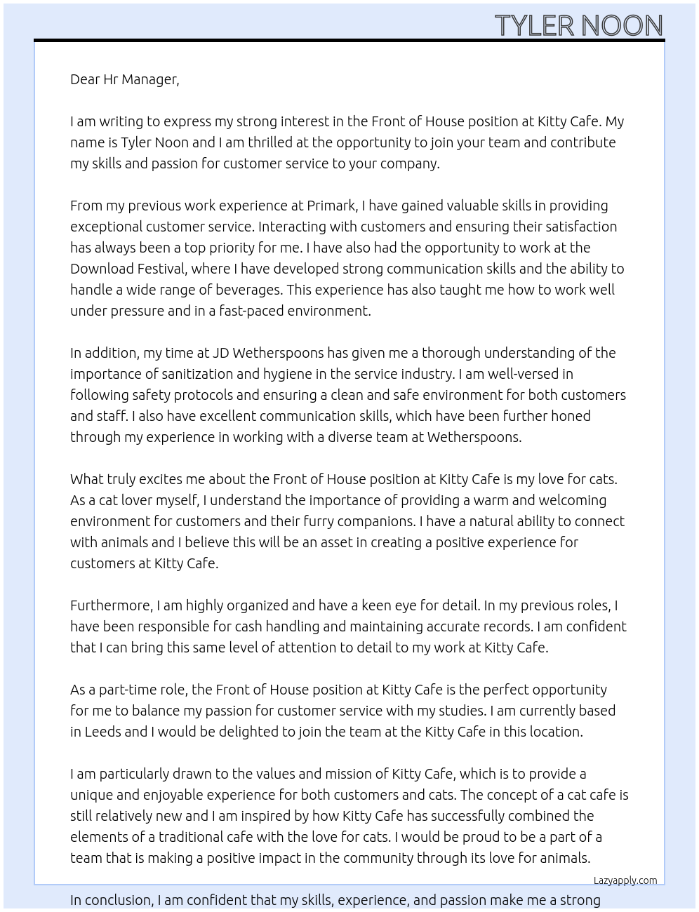 Front of house At Kitty Cafe Cover Letter