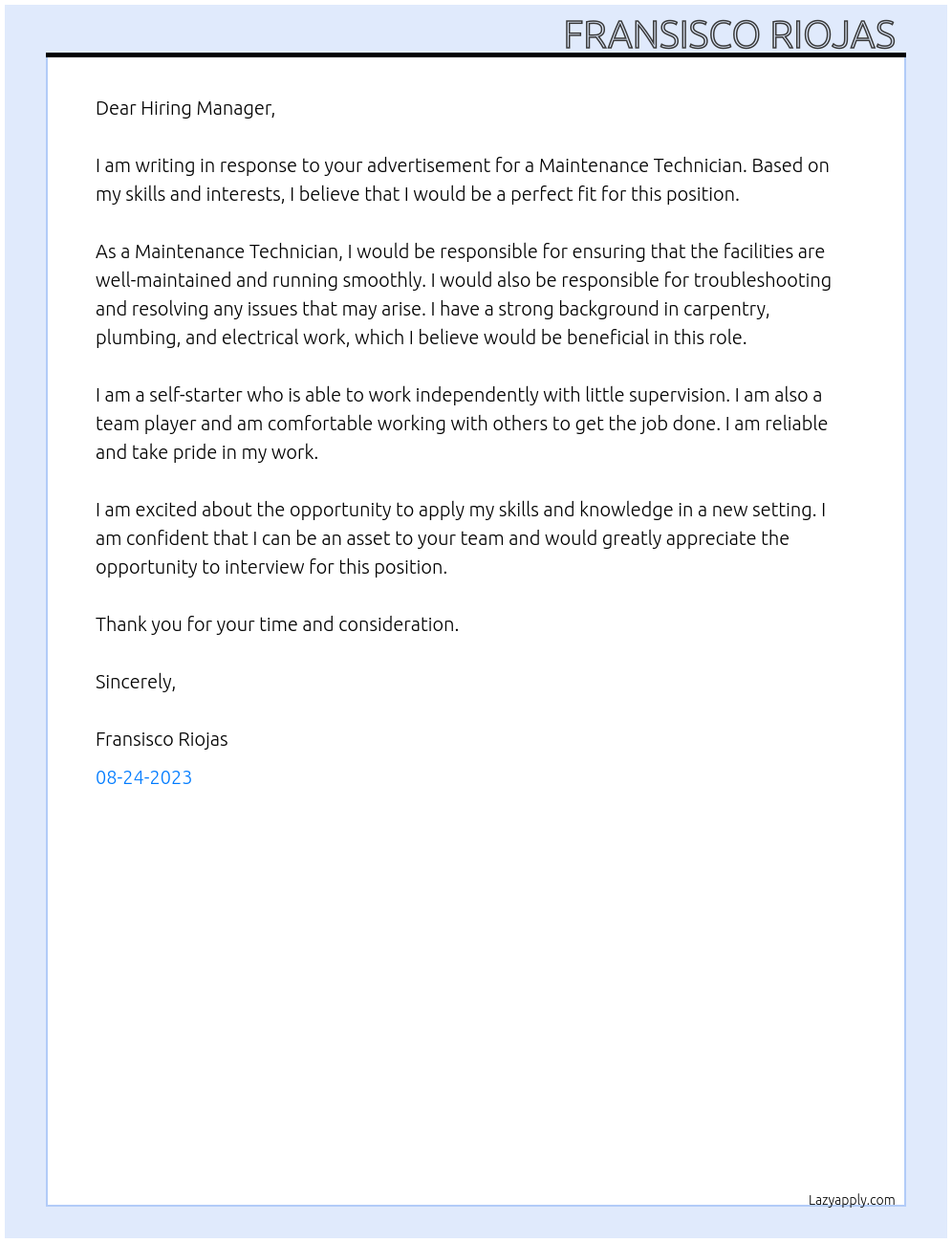 Maintenance Technician At To Your Company Cover Letter