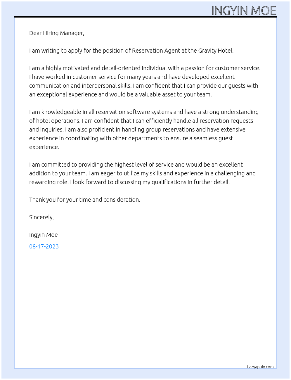 Reservation Agent At Gravity Hotel Cover Letter