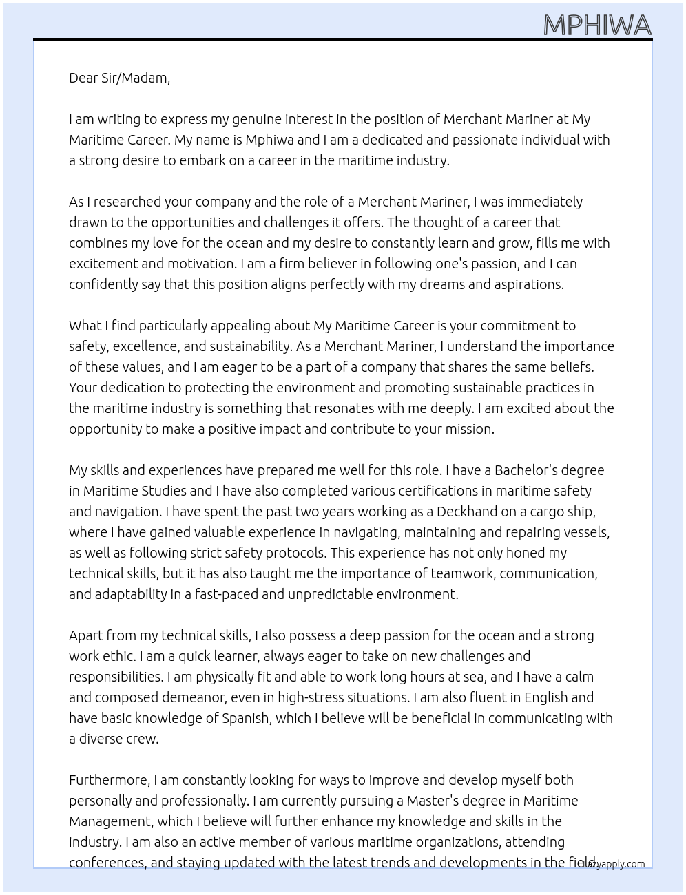 Cover letter for merchant mariner - LazyApply