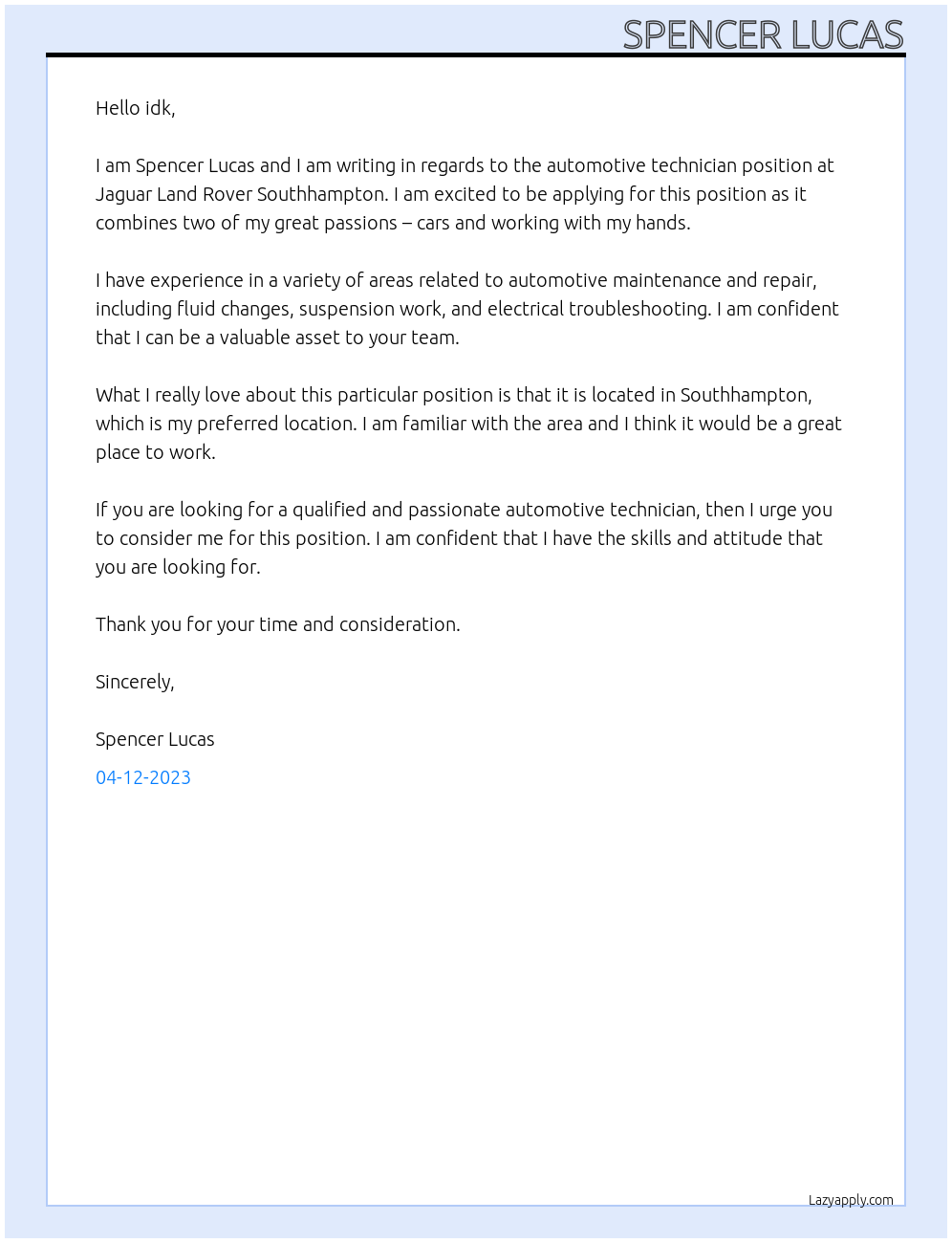 automotive technician At Jaguar Land Rover Southhampton Cover Letter