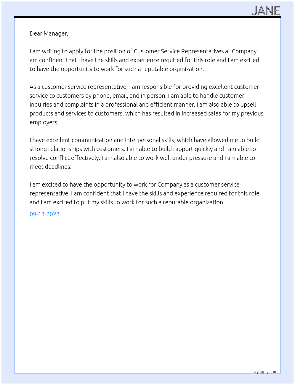 Customer Service Representatives  At Company Cover Letter