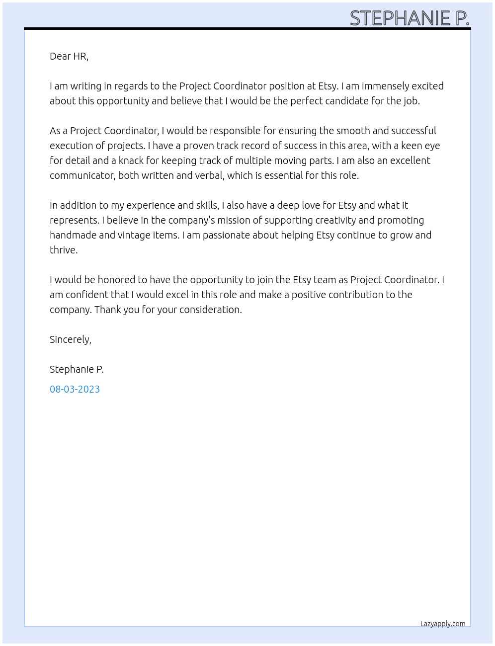 Project Coordinator At Etsy Cover Letter