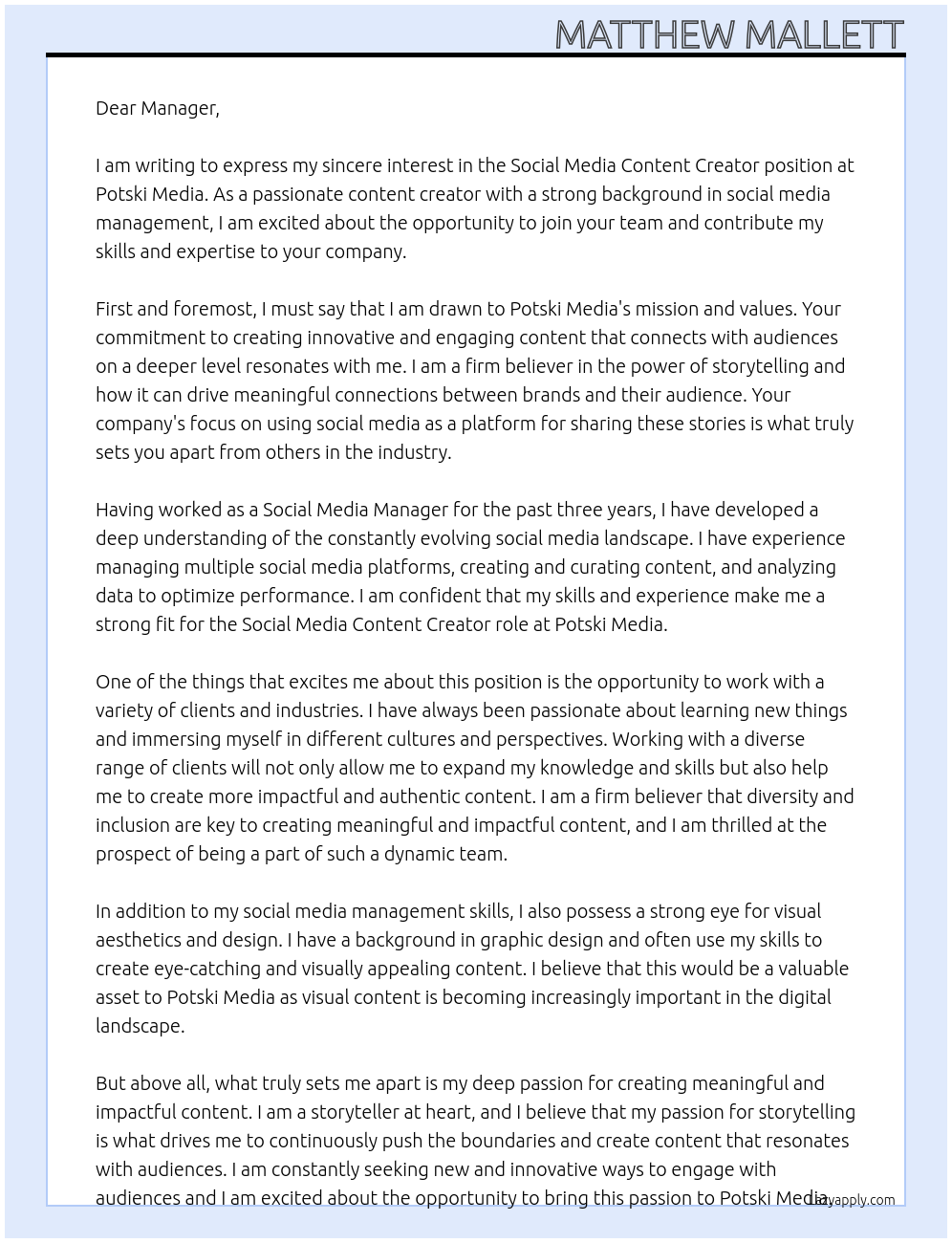 Social media content creator At Potski Media Cover Letter