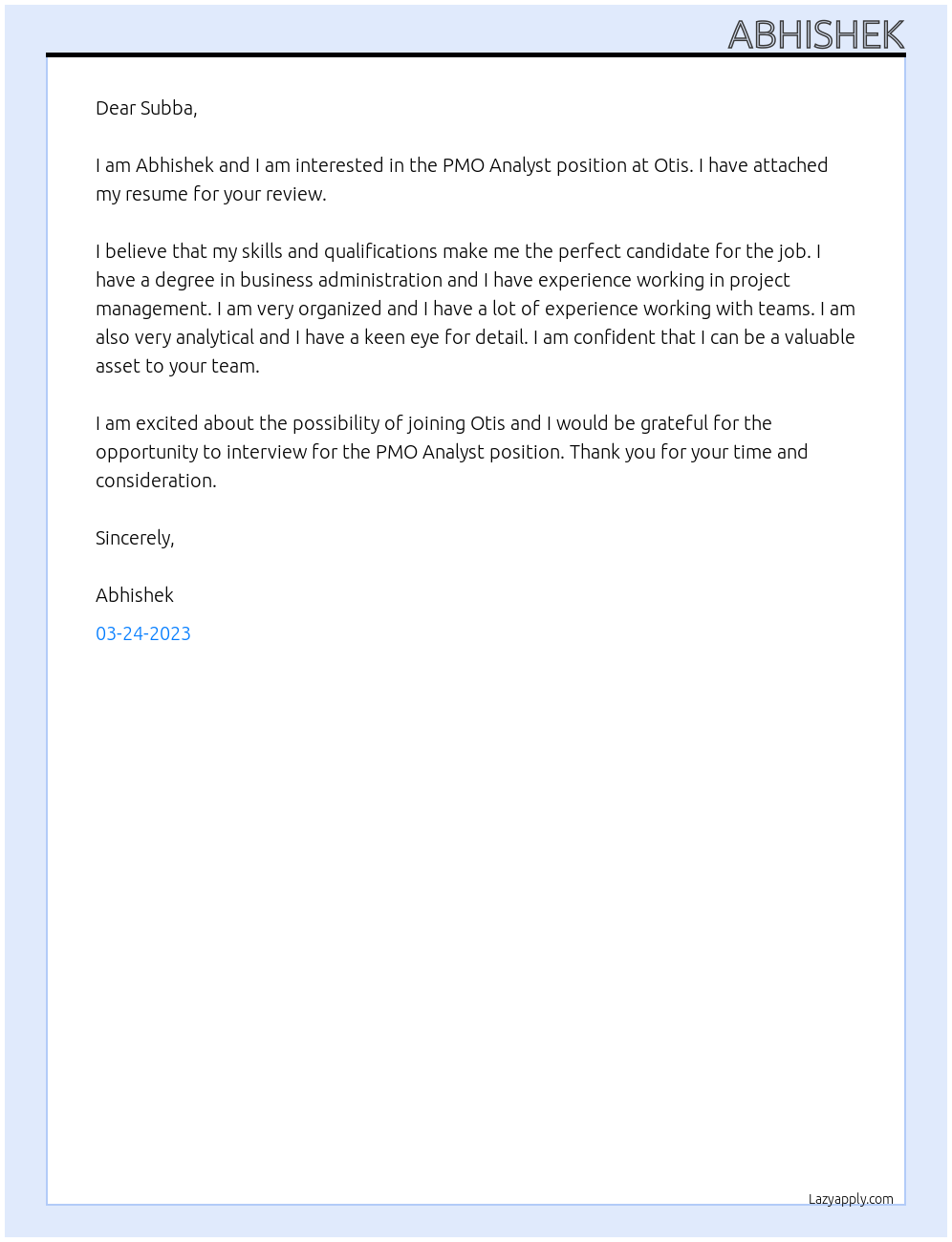 PMO Analyst At Otis Cover Letter