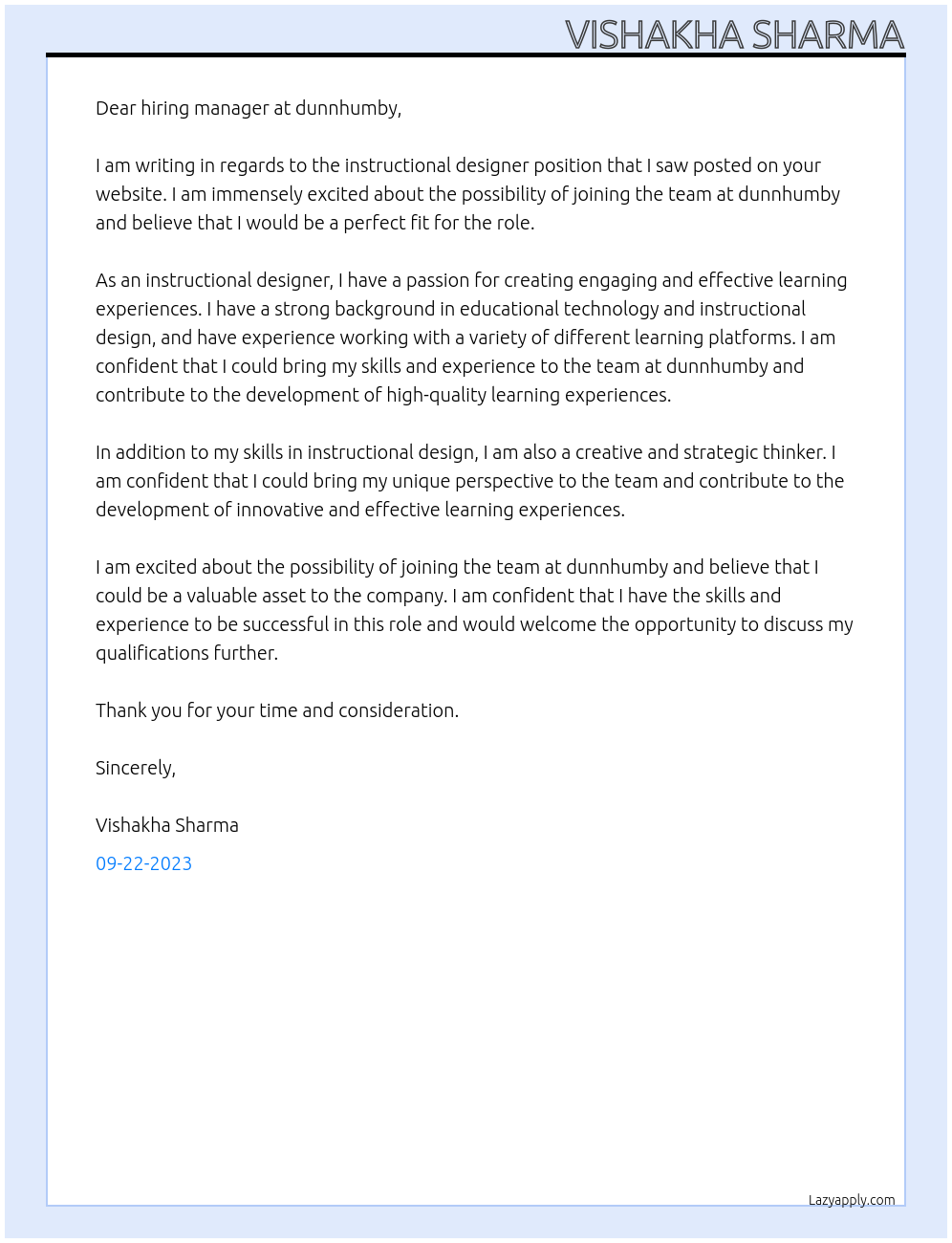 Instructional Designer At dunnhumby Cover Letter