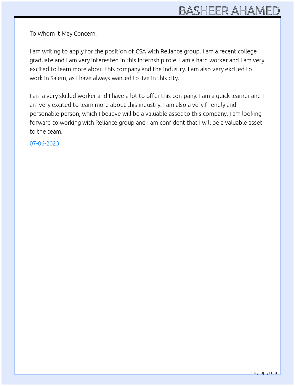 Csa At Reliance group Cover Letter