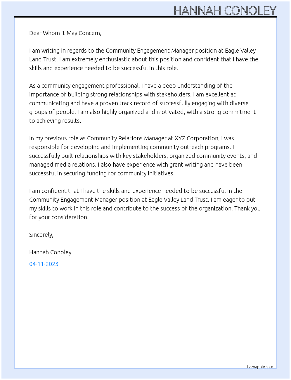 Community Engagement Manager At Eagle Valley Land Trust Cover Letter