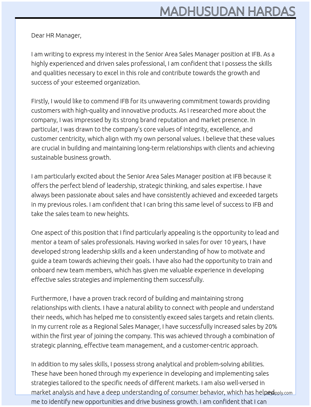 Senior Area Sales Manager At IFB Cover Letter