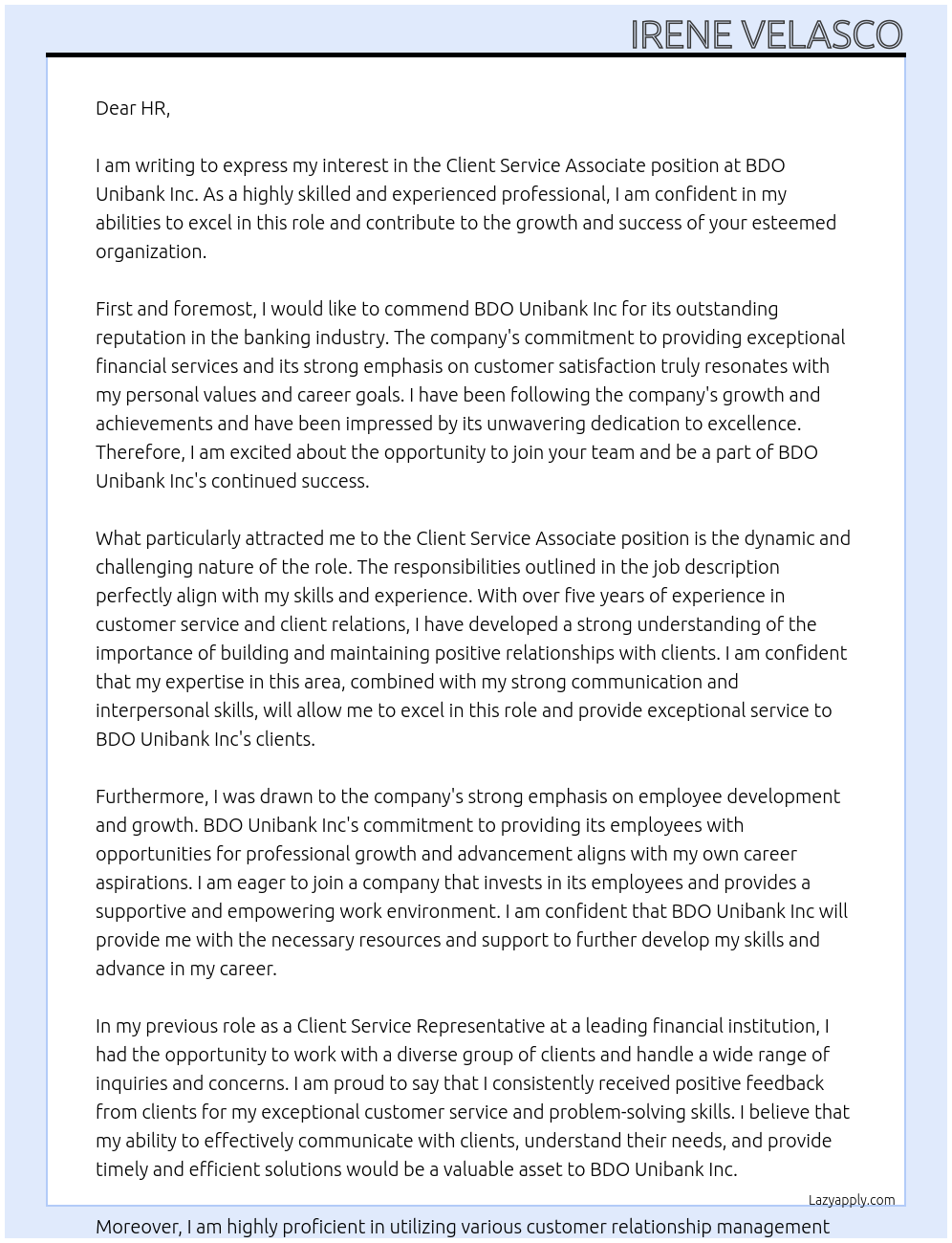 client service associate At BDO unibank inc Cover Letter