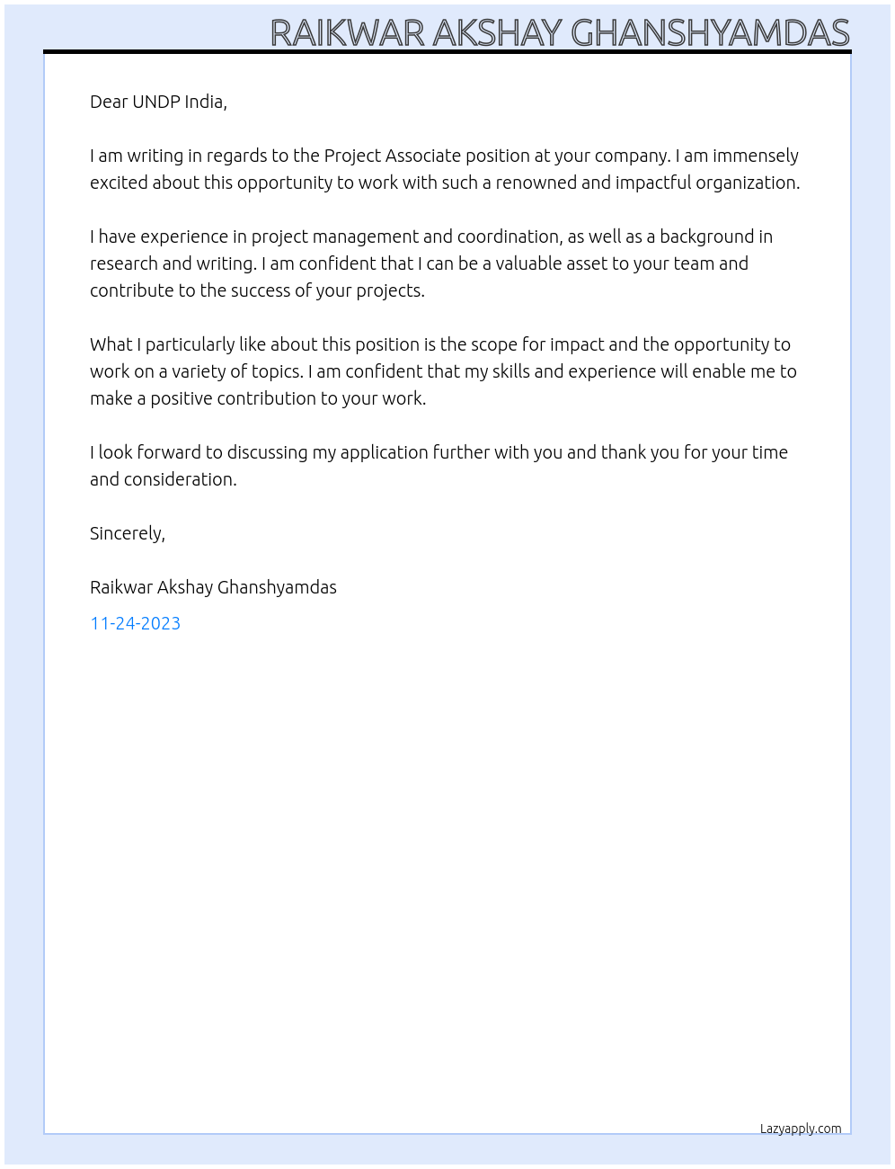 Project Associate  At UNDF Cover Letter