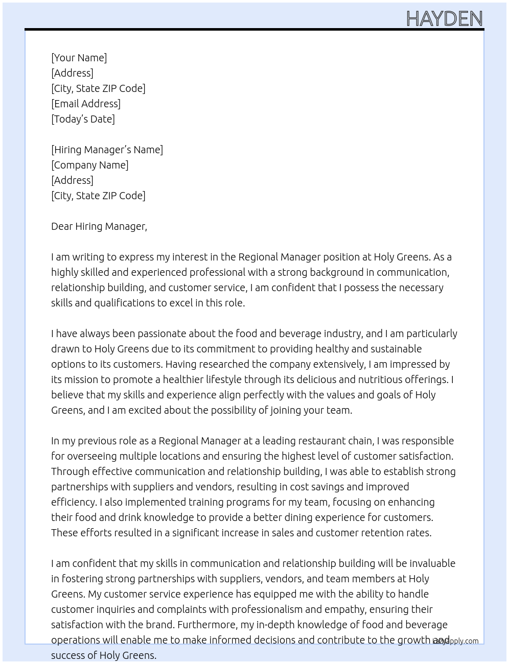 Regional Manager At Holy Greens Cover Letter