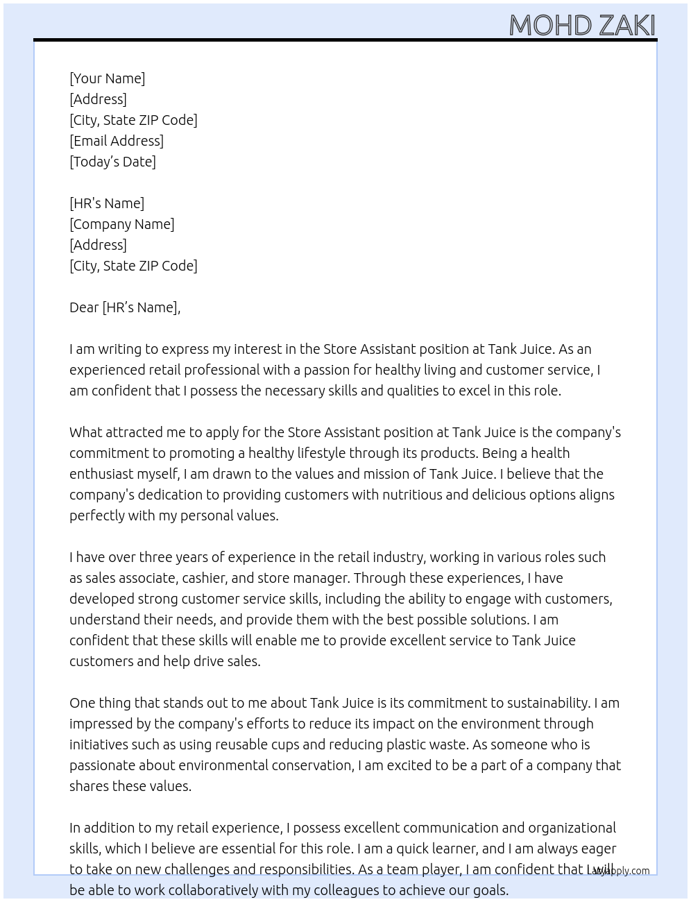 Store Assistant  At Tank Juice Cover Letter