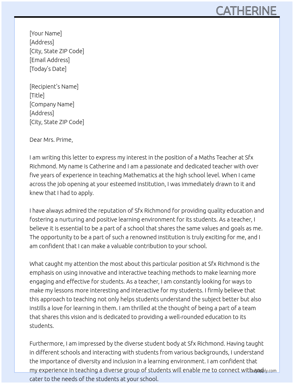 Maths Teacher  At Sfx Richmond  Cover Letter