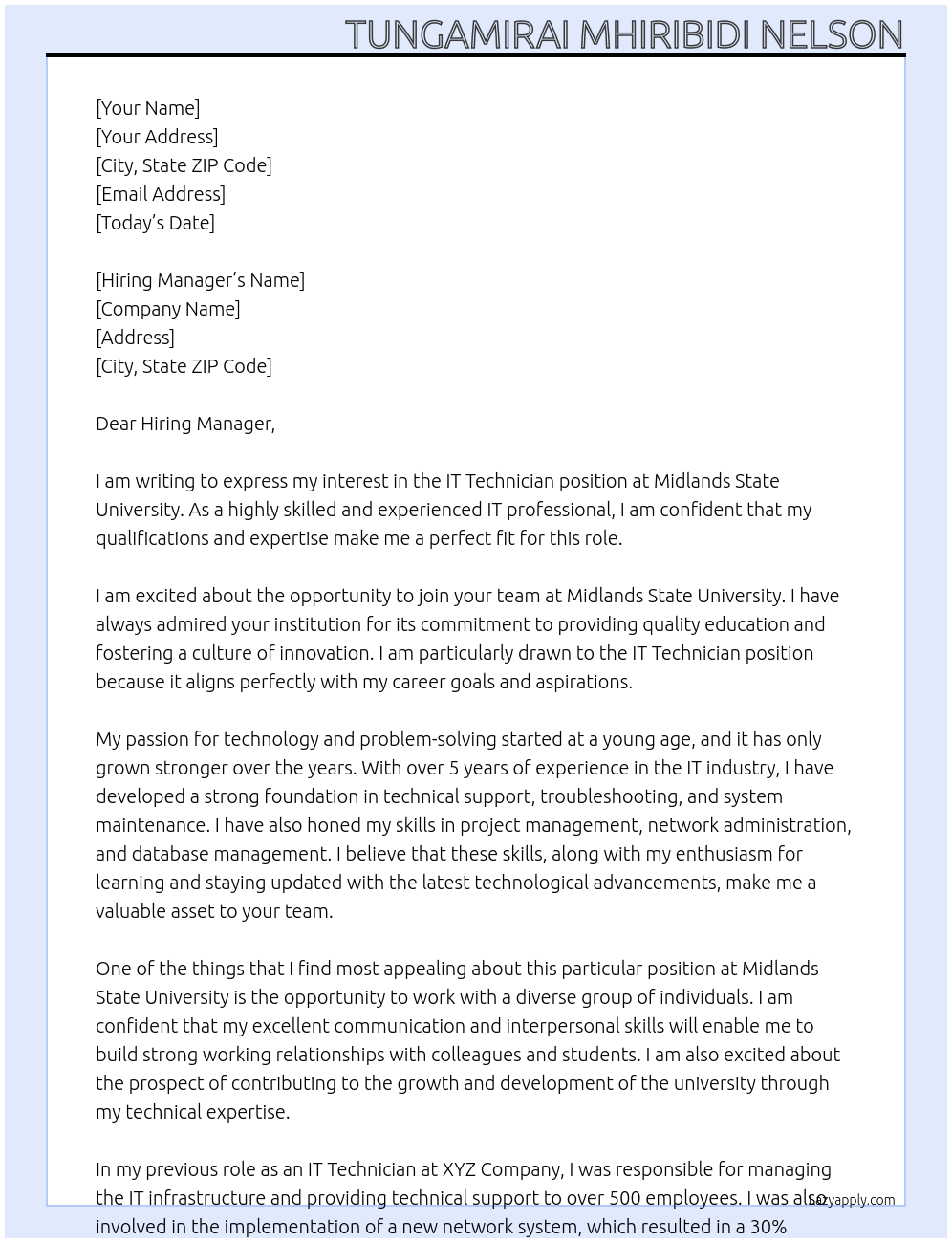 IT Technician At Midlands State University Cover Letter