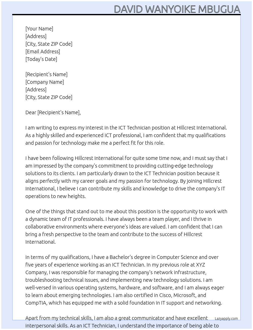 Ict technician At Hillcrest International Cover Letter