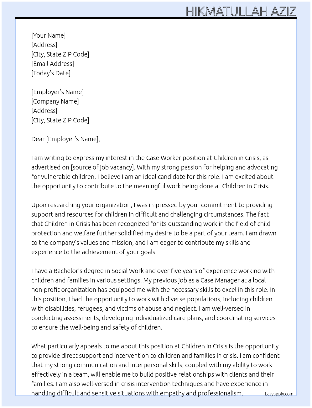 case worker At Children in crisis Cover Letter