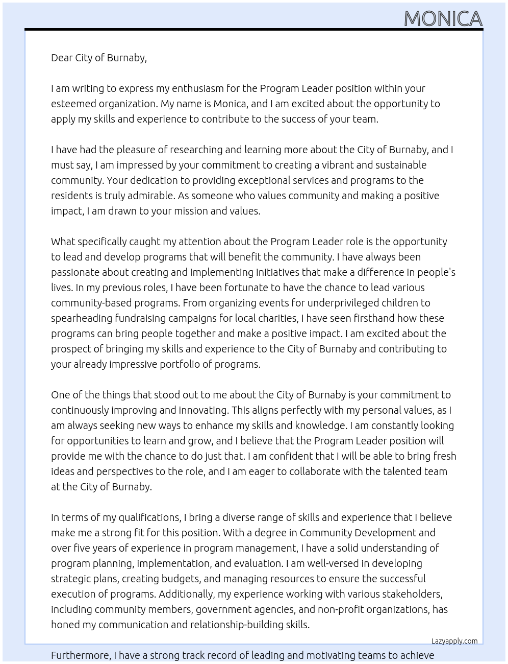 Program leader  At City of Burnaby  Cover Letter