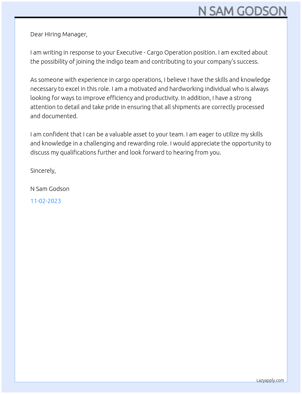 Executive - cargo operation At Indigo Cover Letter