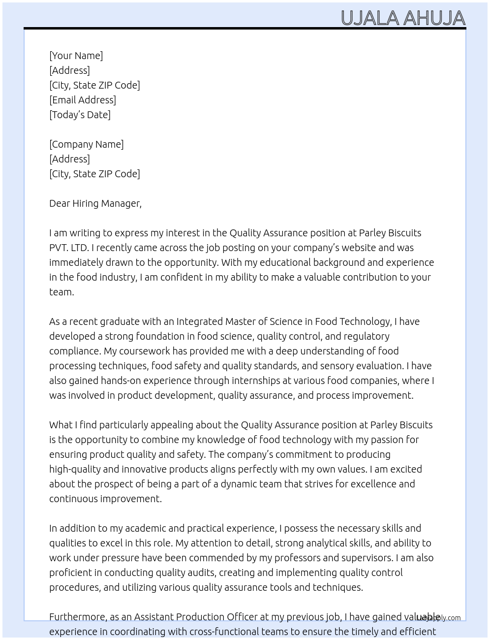 Quality Assurance  At Parley Biscuits PVT. LTD. Cover Letter