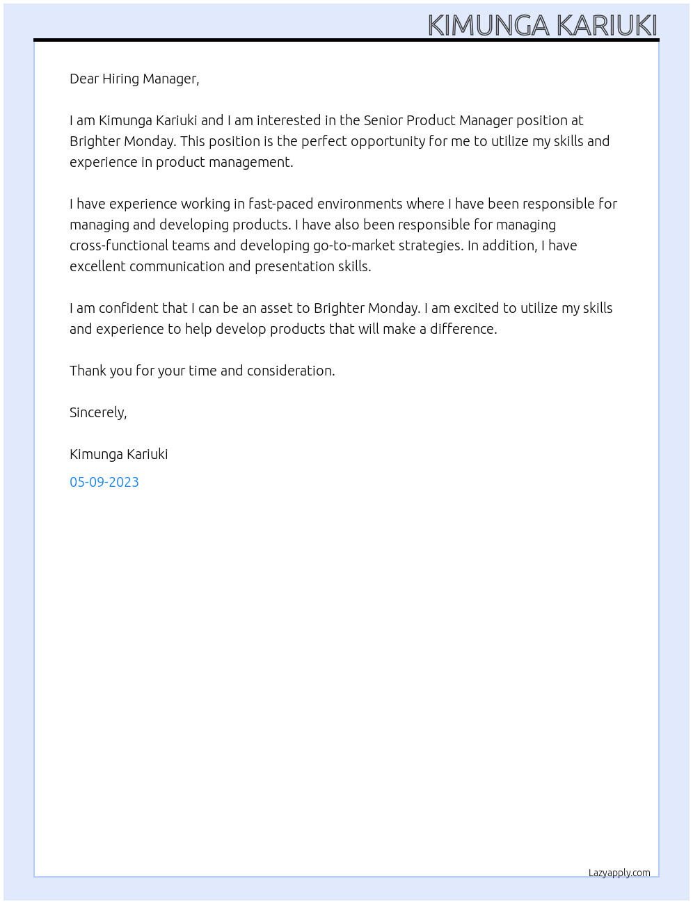 Senior Product Manager  At Brighter Monday Cover Letter