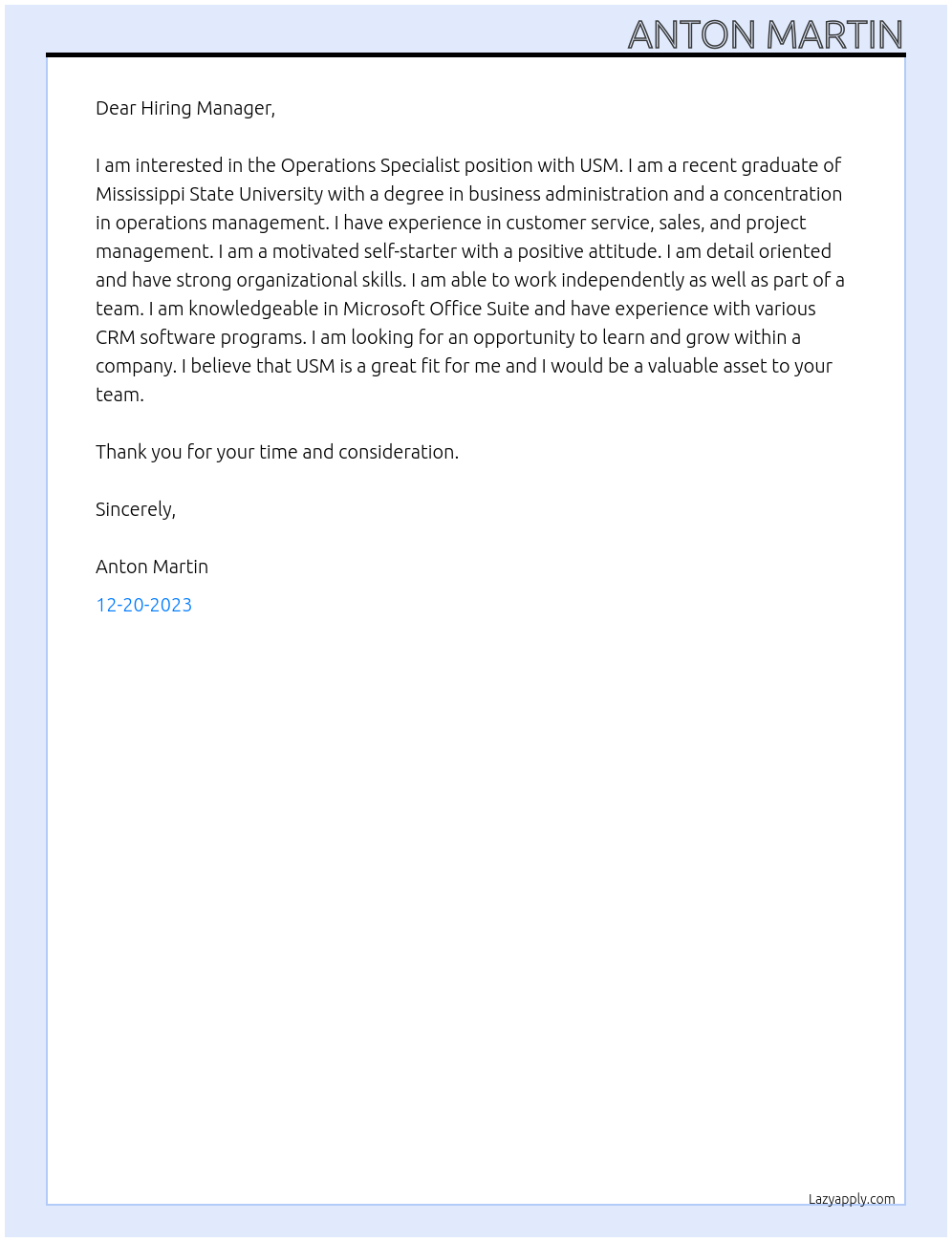 Operations Specialist At USM Cover Letter