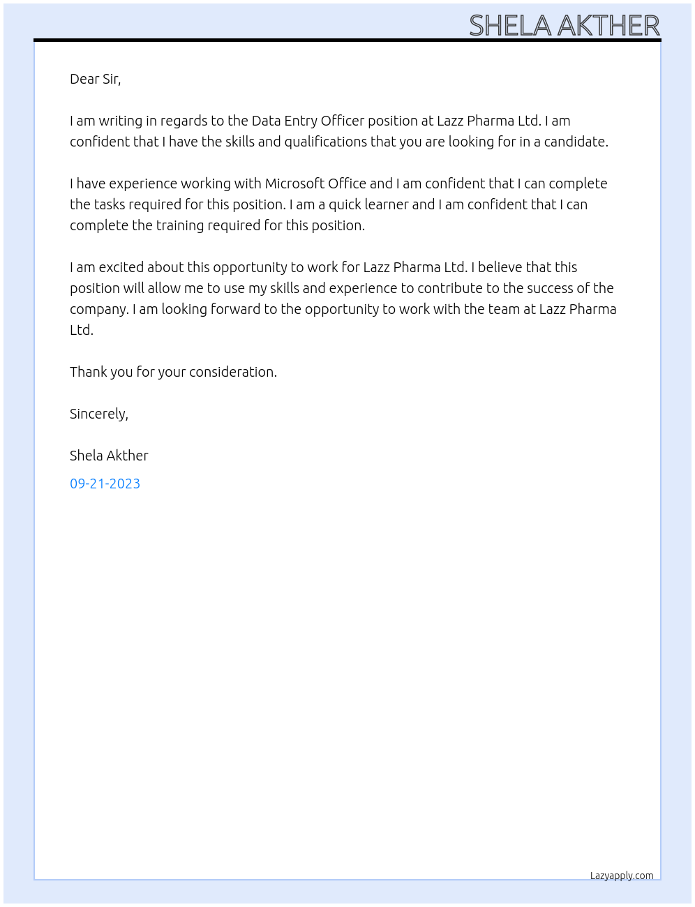 Data entry Officer At Lazz Pharma Ltd Cover Letter