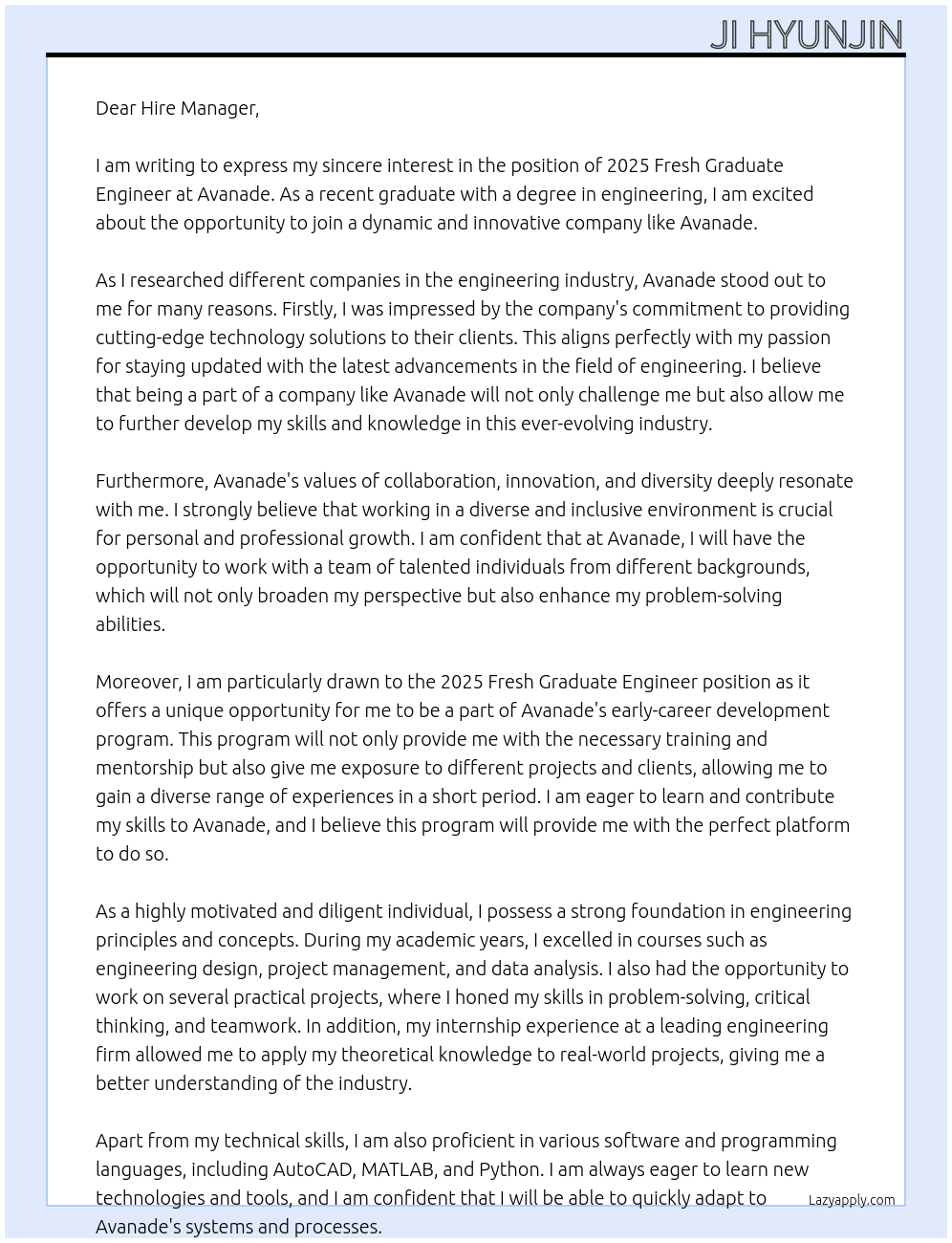 2025 Fresh Graduate Engineer At Avanade Cover Letter