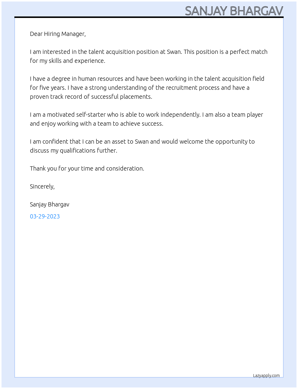 talent acquisition At Swan Cover Letter