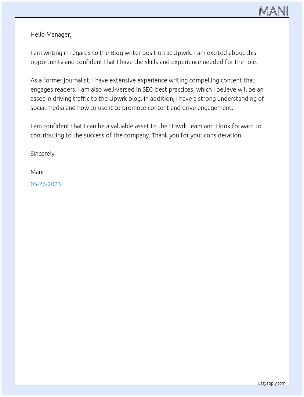 Blog writer At Upwrk Cover Letter