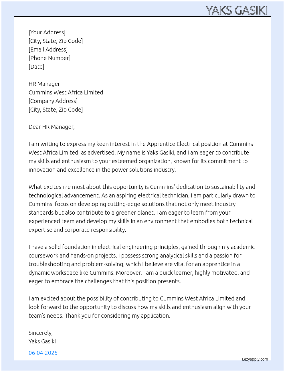 Apprentice Electrical  At Cummins West Africa Limited  Cover Letter