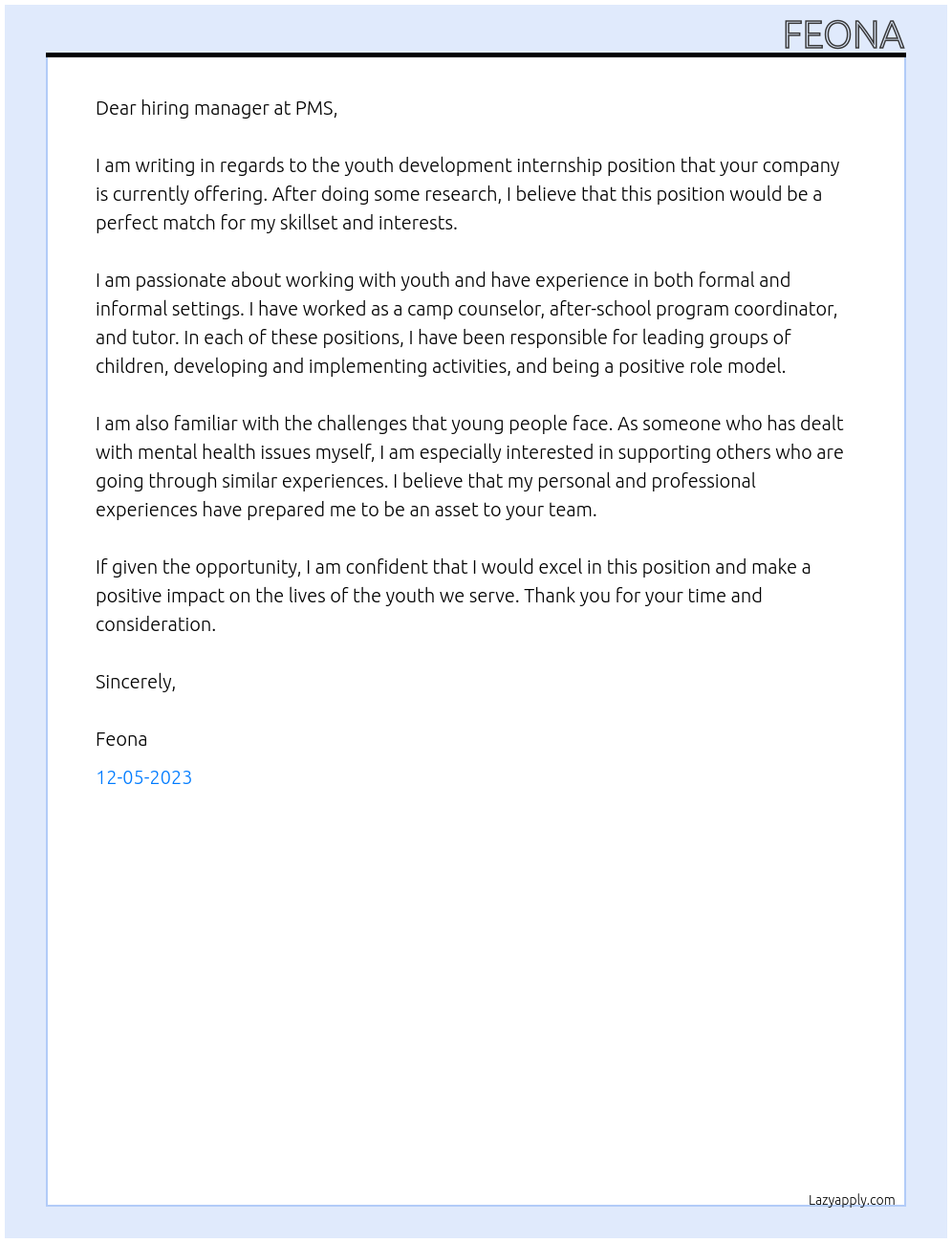 youth development internship At PMS Cover Letter