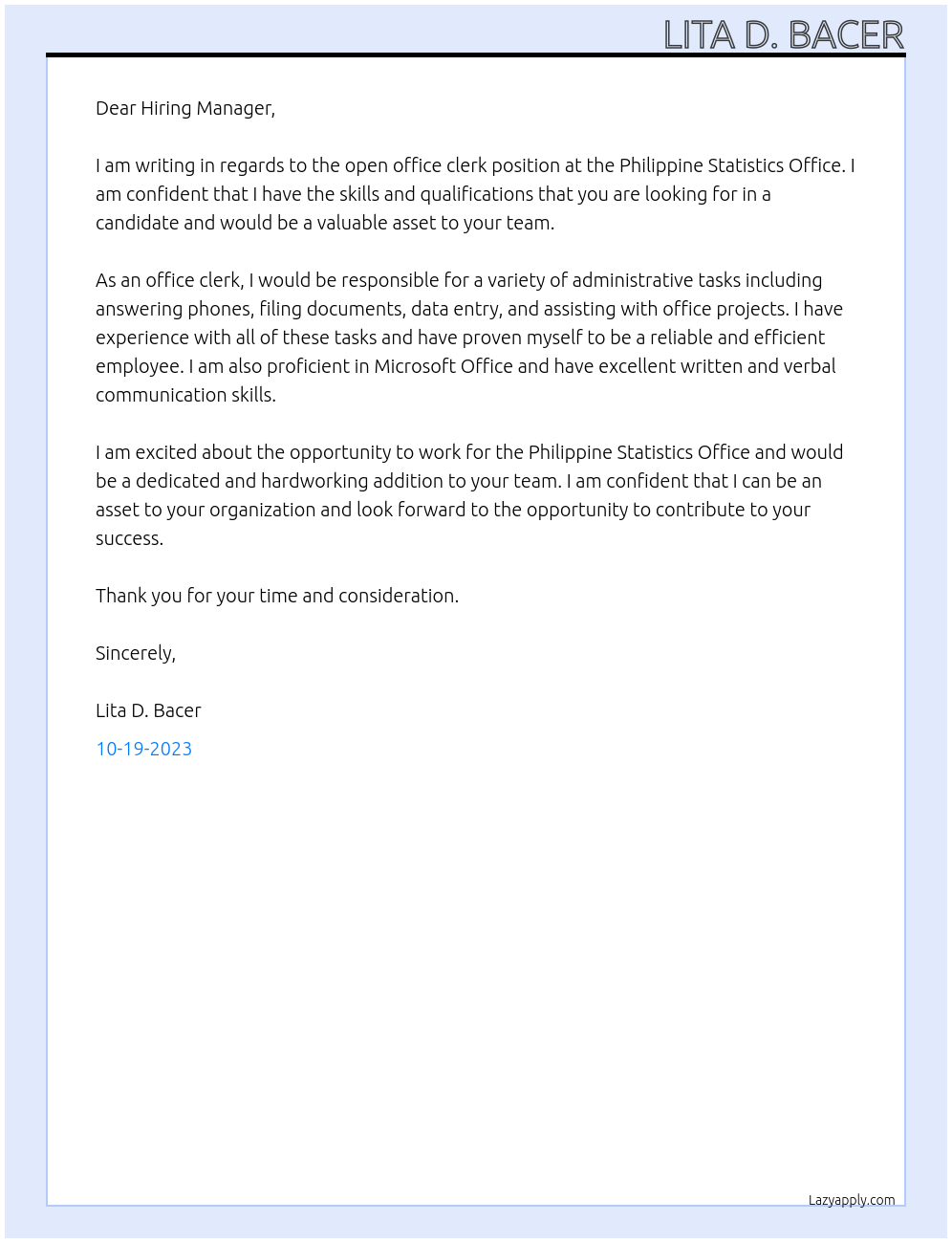 Office clerk At Philippine Statistics Office Cover Letter