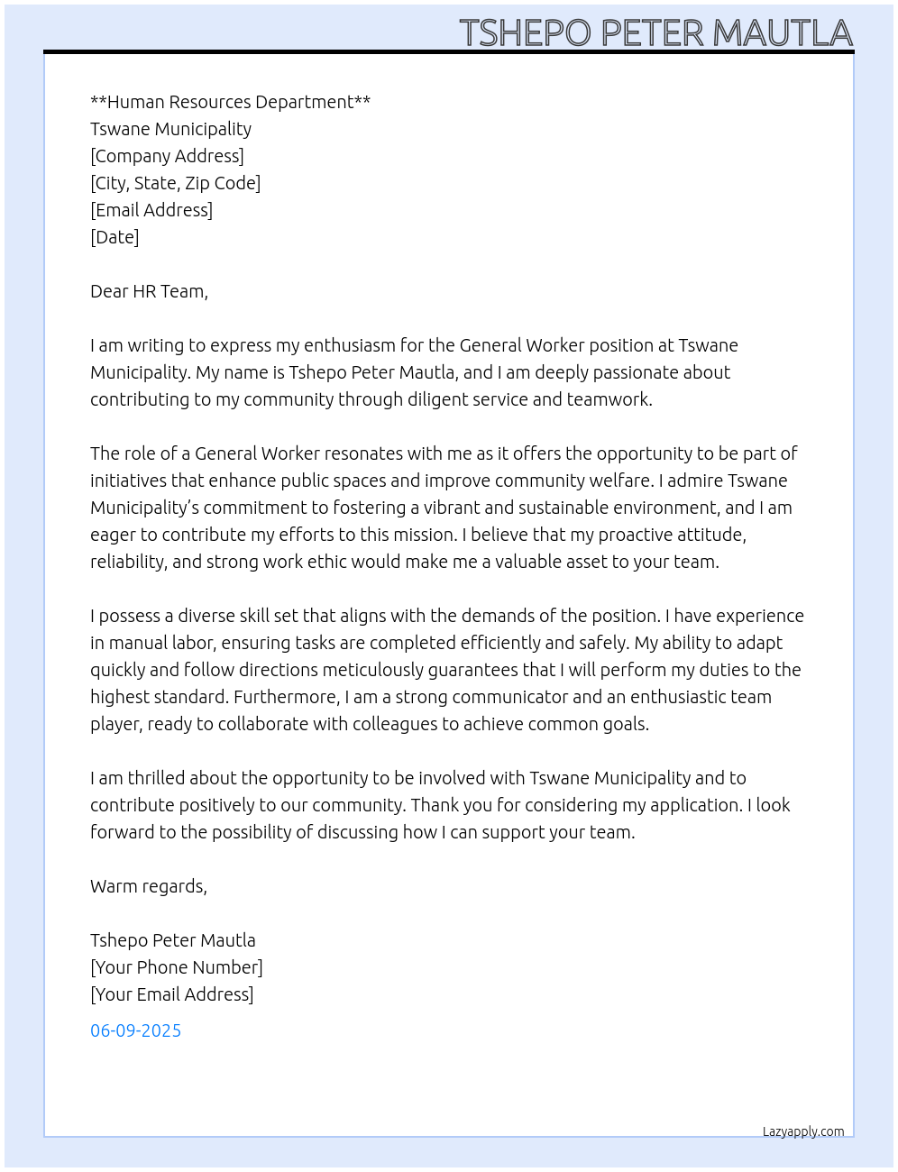 General worker At Tswane municipality Cover Letter