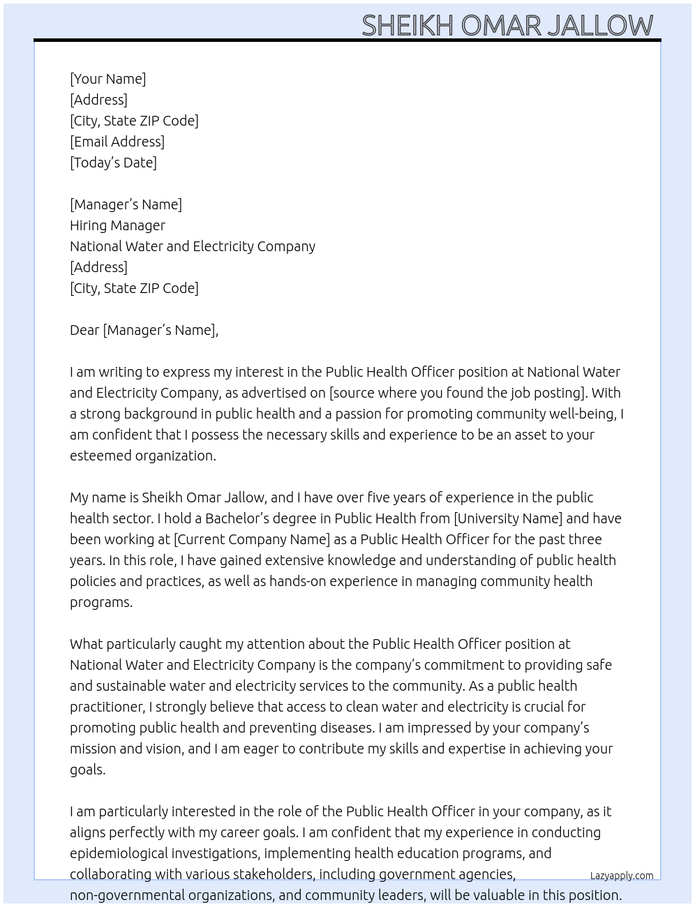 Public health officer At National water and electricity company Cover Letter