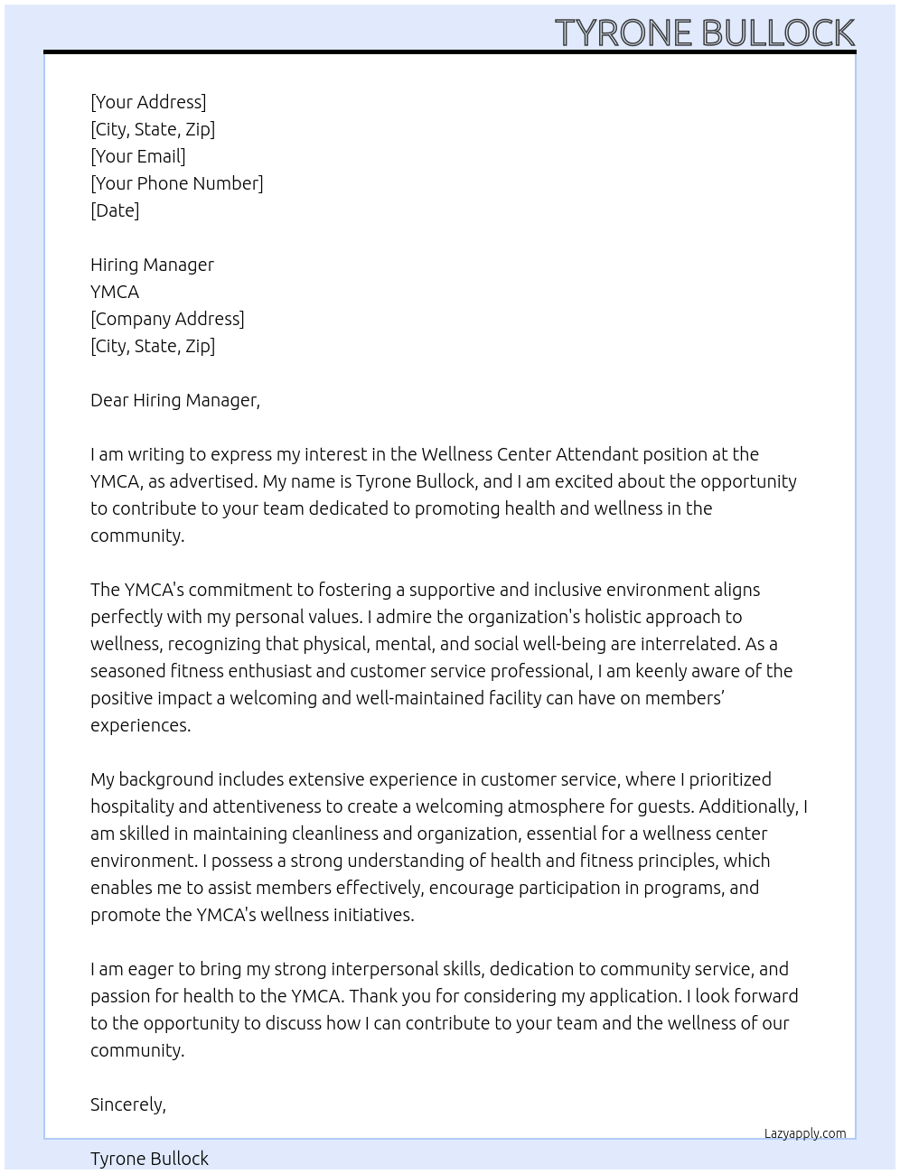wellness center attendant At YMCA Cover Letter