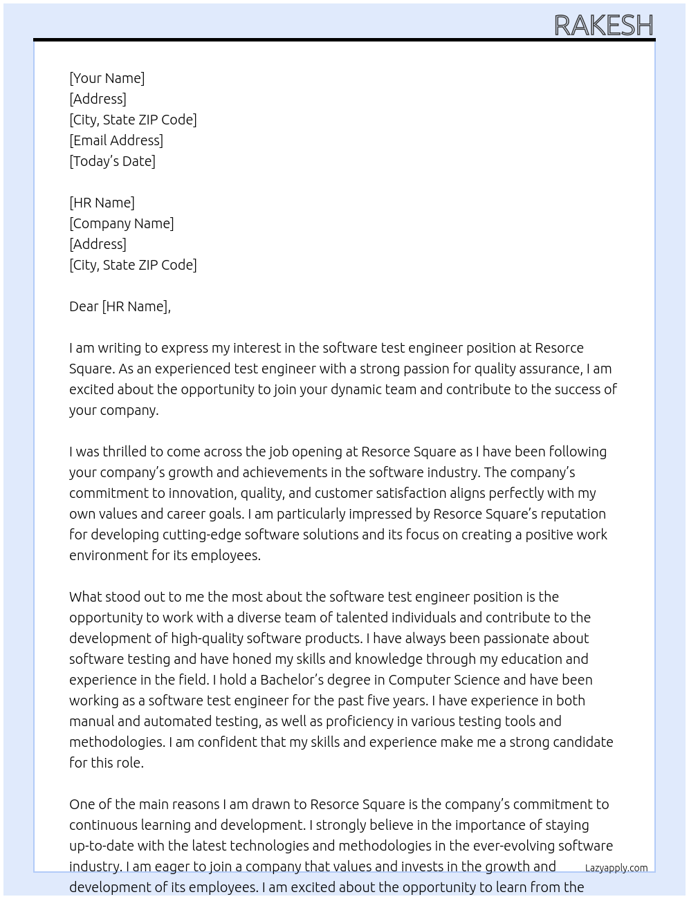 software test engineer At resorce square Cover Letter