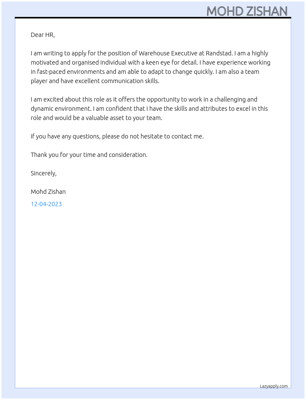 Warehouse Executive At Randstad Cover Letter