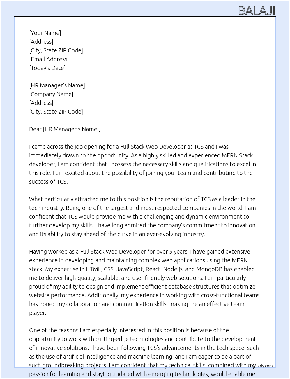 Full stack web developer At TCS Cover Letter