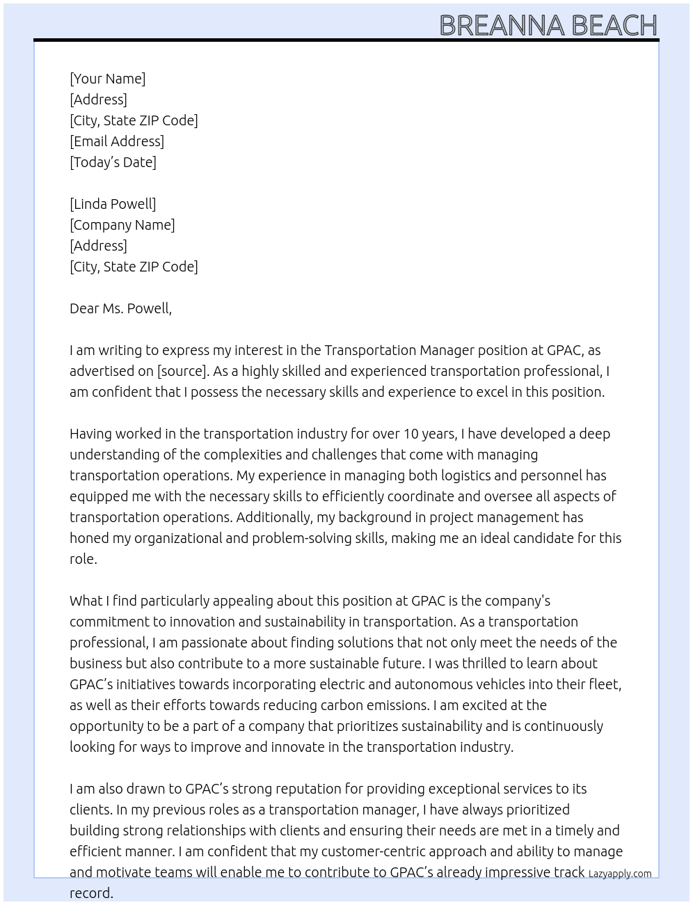 TRANSPORTATION MANAGER At GPAC Cover Letter