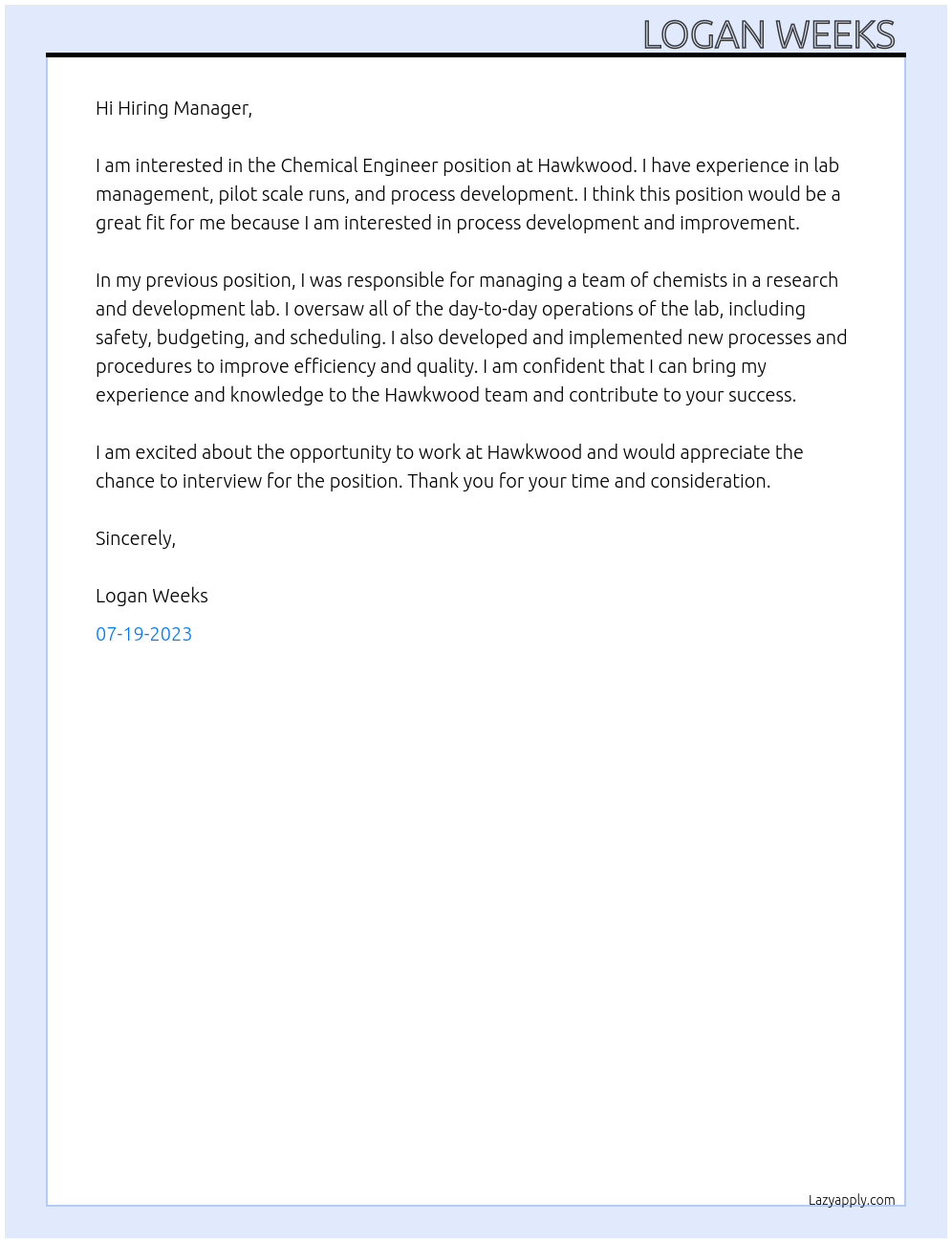 Chemical Engineer At Hawkwood Cover Letter