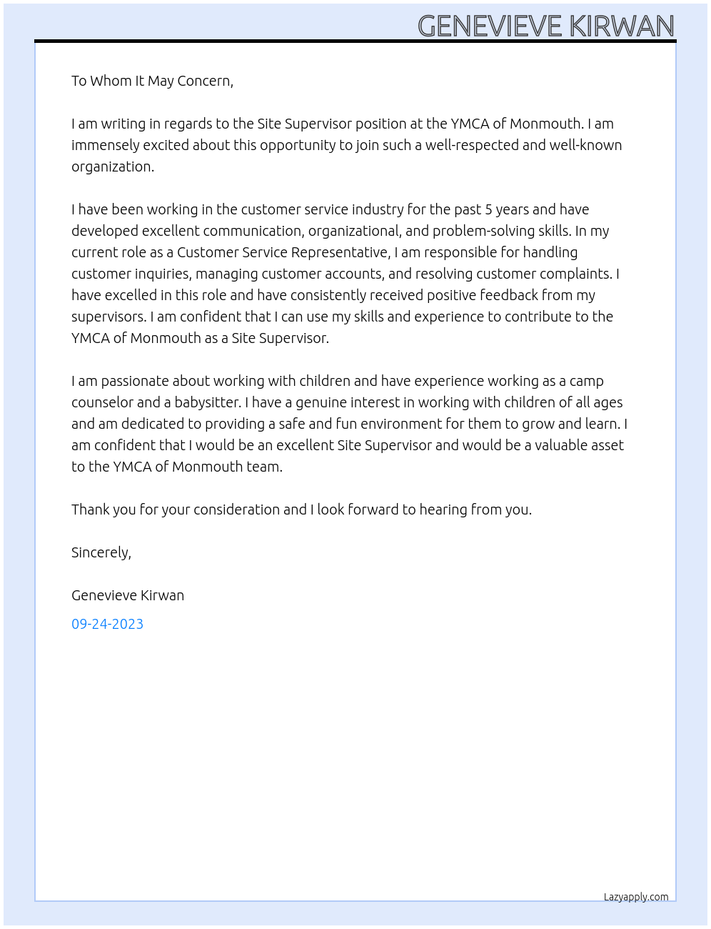 Site supervisor At Site supervisor ymca Cover Letter