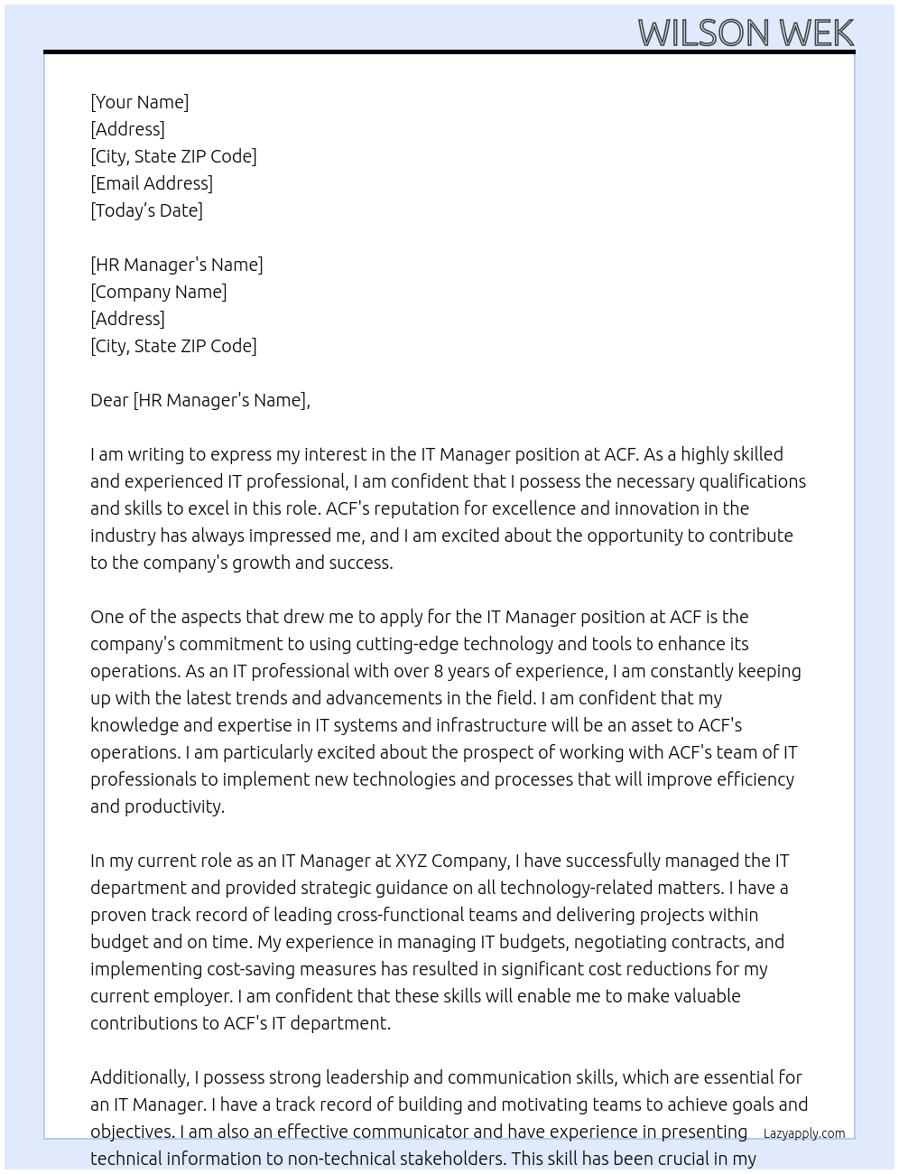 IT manager At ACF Cover Letter