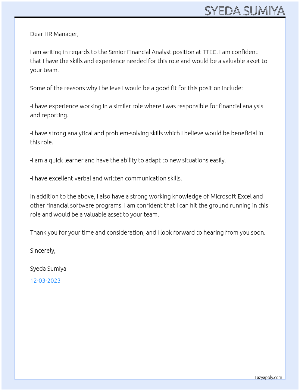 Senior Financial Analyst At TTEC Cover Letter