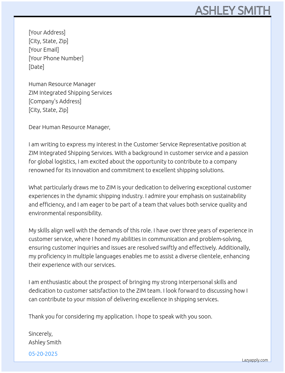 Customer service representative At ZIM Integrated Shipping Services Cover Letter