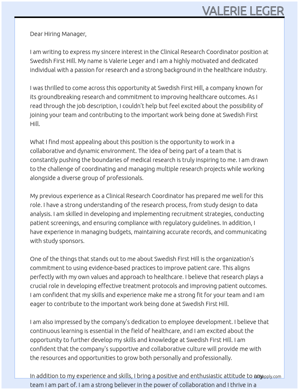 Clinical Research Coordinator At Swedish First Hill Cover Letter